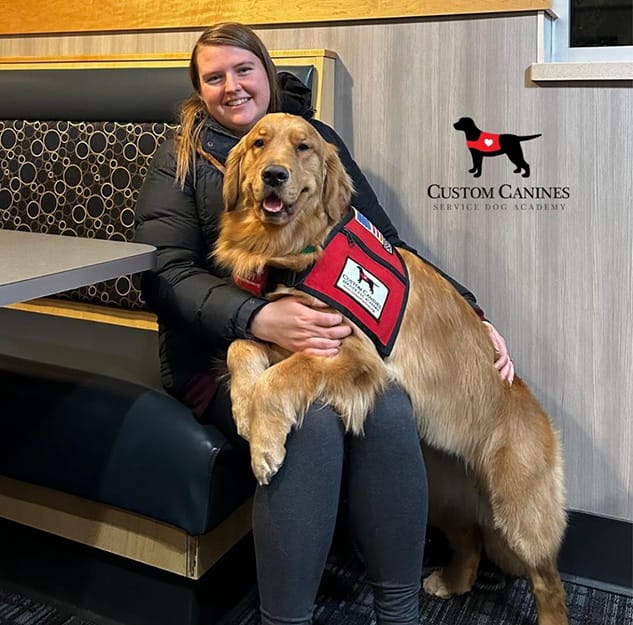 Golden Retriever wearing a service dog vest laying across the lap of a woman sitting in a booth