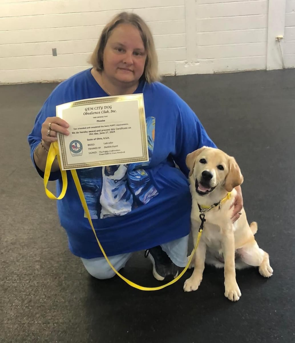 woman in a blue t-shirt kneeling next to the yellow Labrador service dog she is training